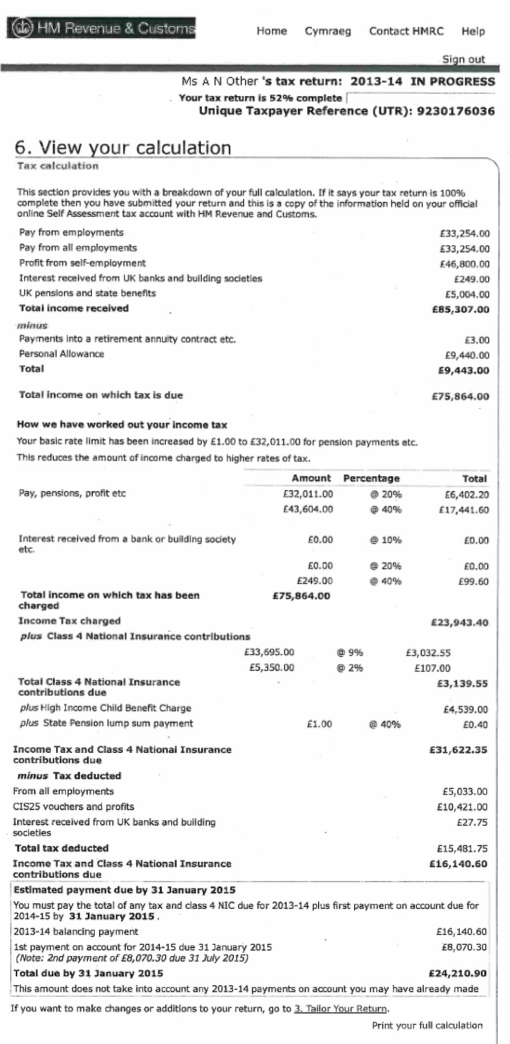 Example of an SA302 tax calculation