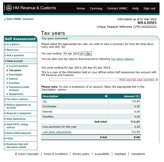 Example of a Tax Year Overview ordered by phone