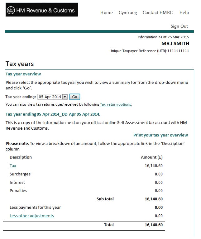 Example of a Tax Year Overview printed online